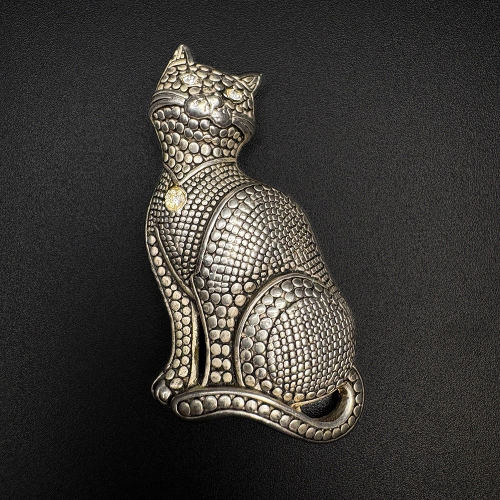 Vintage Cat Brooch Figural Silver Tone Rhinestone Pin Textured 2"